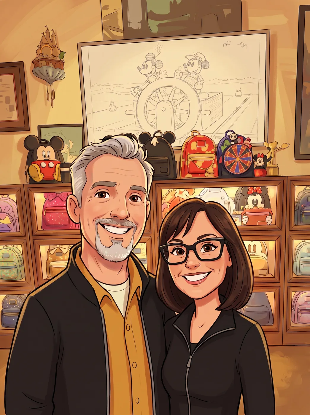 Illustrated portrait of the Traveling Trove founders smiling in front of shelves of character backpacks