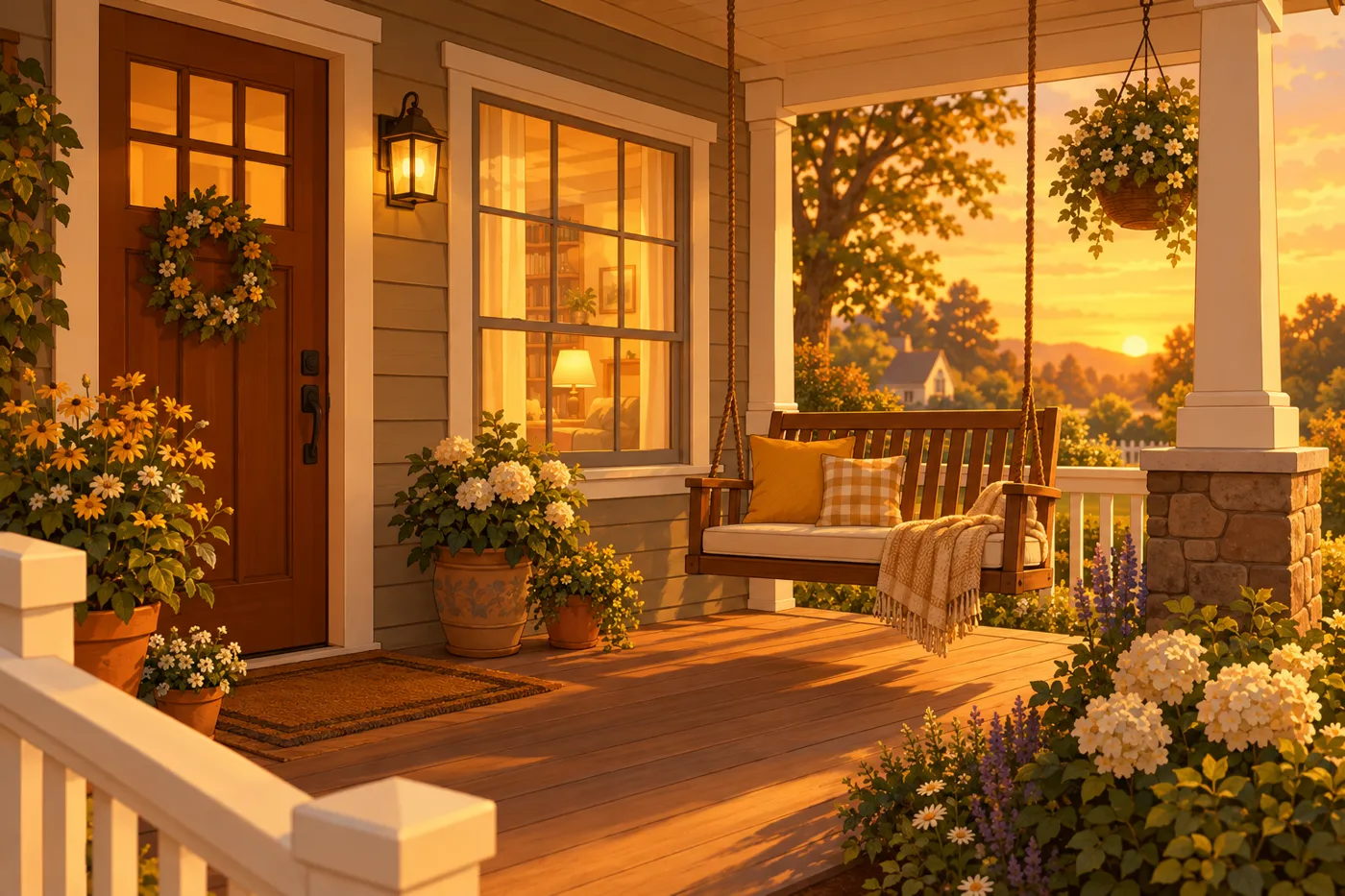 Illustrated welcoming front porch at golden hour with glowing windows, flowers and a porch swing