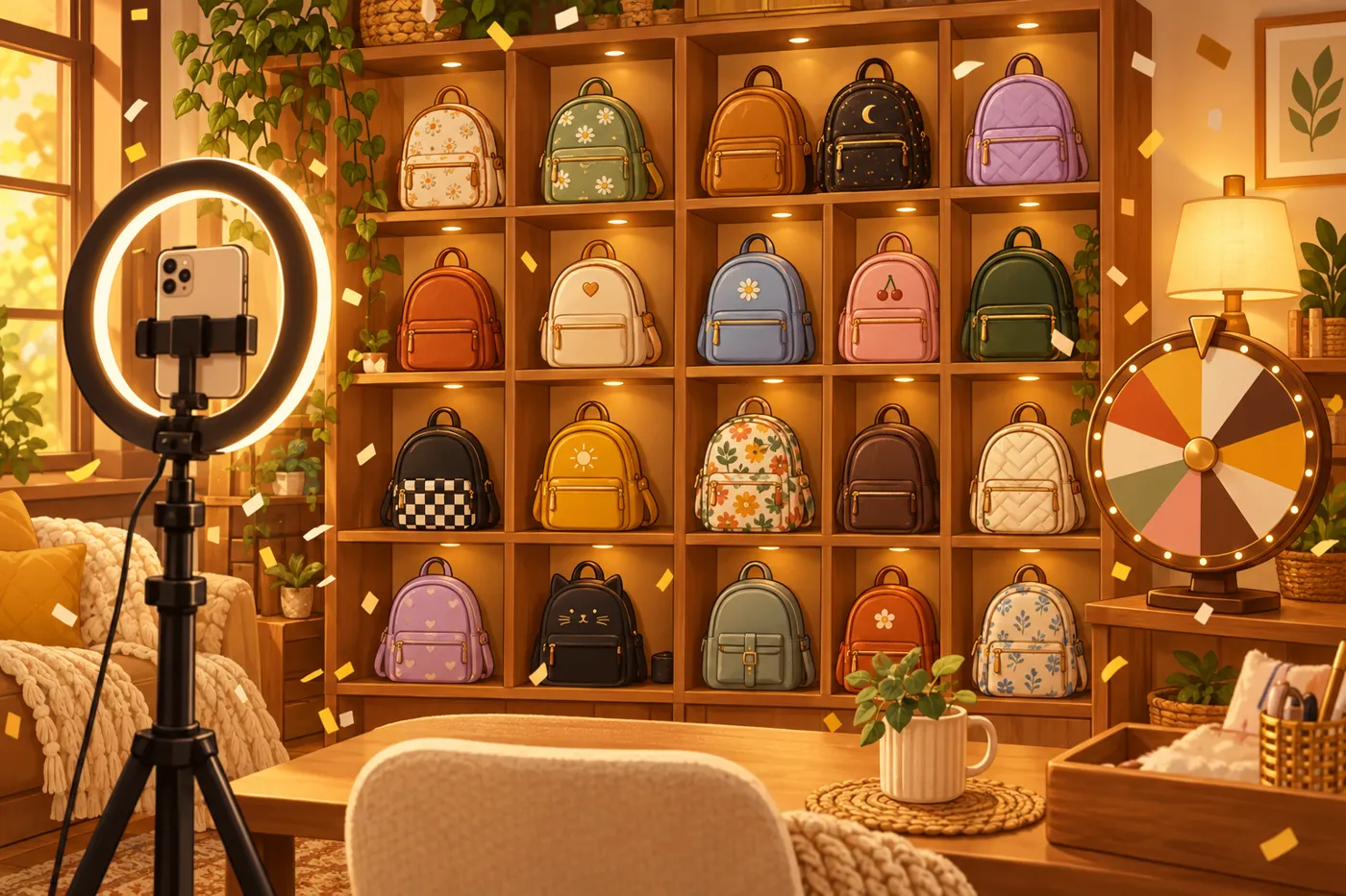 Illustrated live-stream studio with a wall of colorful mini backpacks, a ring light and a prize wheel