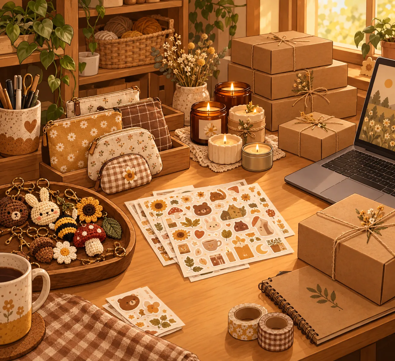 Illustrated maker's workbench with handmade pouches, crocheted keychains, stickers, candles and kraft shipping boxes